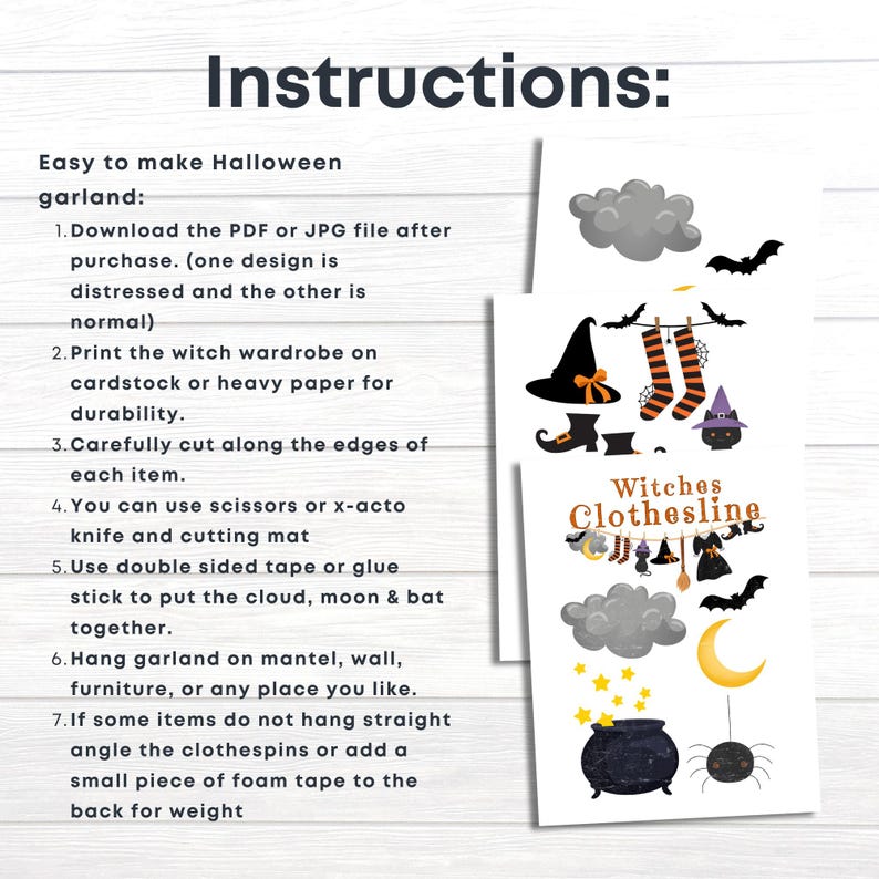 May include: Instructions for making a Halloween garland with a witch's wardrobe, a cloud, a moon, a bat, and a cauldron. The text reads "Witches Clothesline".