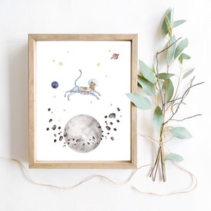 Watercolor cosmic galaxy astronaut cat in outerspace digital download printable wall art for kids room or nursery decor image 1