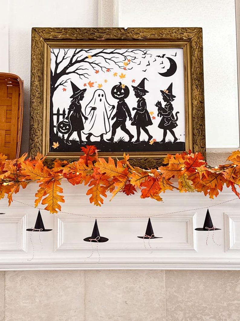 Printable DIY witch hat, witchy Halloween banner, spooky witch hat decor, Halloween paper garland printable, DIY Halloween hat pattern, mini witch hat craft, witch hat wall decor printable, paper cone hat Halloween project, witch hat template PDF, Halloween decor printable