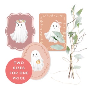 May include: Two printable designs featuring a cute ghost with a floral crown and a ghost holding a pumpkin. The designs are available in two sizes and are perfect for Halloween decorations.