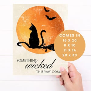 printable black cat Halloween wall decor, vintage door hanger artwork, orange moon witch illustration, rustic bats Halloween print, something wicked gothic artwork, spooky entryway decor, black cat witchy wall art, Halloween printable decoration, vintage gothic home decor, Halloween digital wall art