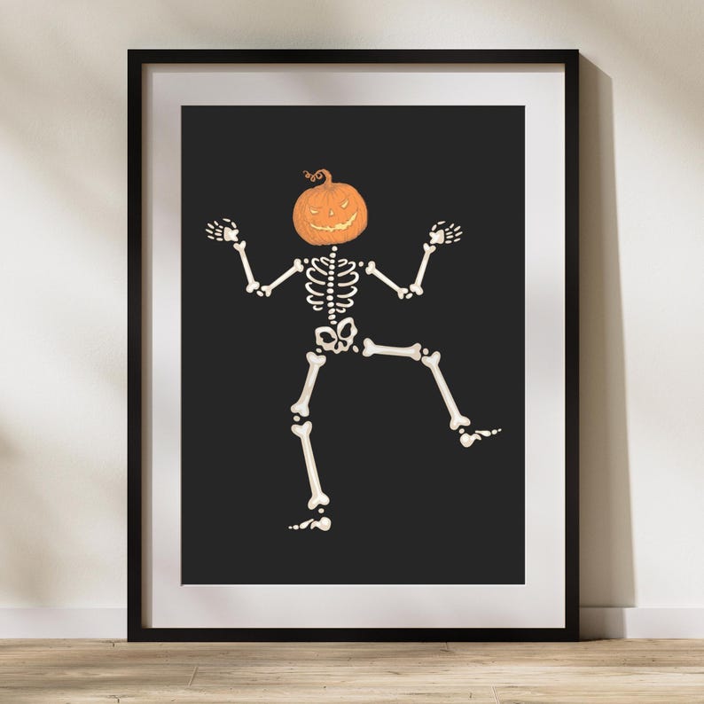 Framed printable: dancing skeleton pumpkin head on black background, Halloween wall art for trick-or-treat.