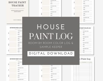 May include: Printable house paint log and tracker. The digital download includes a room by room color log and sample keeper. The log has sections for color name, color code, brand, and notes.