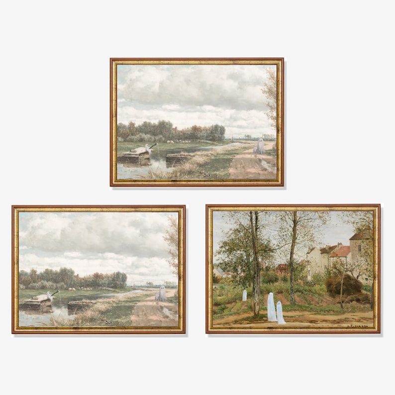 Set of 3 Halloween Vintage Landscape Prints Ghosts Oil Paintings Rustic Wall Art Bundle Farmhouse Halloween Wall Decorations Printable image 5