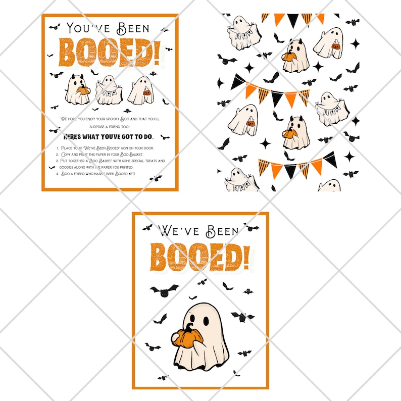 May include: A printable Halloween "Boo" game with instructions on how to play. The game features a ghost holding a pumpkin and bats flying around. The text on the printable says "You've Been Booed!" and "We've Been Booed!"