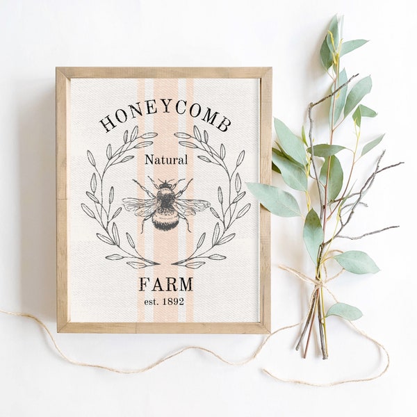 Vintage Grainsack Honeycomb Wall Art | Rustic Summer Kitchen Farmhouse Decor | Grain Sack Farms Honey Bee Harvest Print | Bee Farm Poster