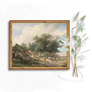Vintage Landscape Oil Painting Country Digital Download Printable Wall Art Farm Cows Barn European Nature Antique Print Decor