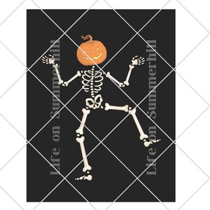 Dancing skeleton with orange pumpkin head on black background; funny Halloween wall art, digital download.
