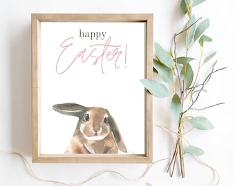 Happy Easter Watercolor Bunny Cute Rabbit Wall Art Spring Home Decor Printable Pastel Farmhouse Style Sign Spring Art Print Digital Download