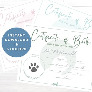 Kätzchen Geburtsurkunden | Katze Zertifikat Printable | Haustier Geburt Cert Bündel von 3 | Niedliche personalisierte Andenken | Pfotenabdruck Stempeln Weltall