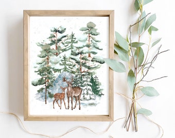 Watercolor Reindeer Mountain Forest Winter Wall Art Christmas Snow Illustration Print Nordic Christmas Instant Download Snow Covered Trees