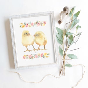 Watercolor Floral Baby Chicks Easter Farmhouse Wall Art Boho Nursery Bedroom Decor Digital Printable Baby Animal Print Cute Kids Wall Art