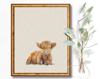 Highland Cow Nursery Wall Art Printable | Cute Farm Animal Nursery Decor | Gender Neutral Baby Room | Scottish Highland Calf Art Poster