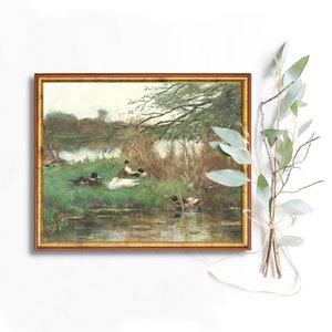 Ducks by the Water Landscape Oil Printable Painting Wall Art Digital Download Spring Duck Pond Antique Print Easter French Art Wall Decor