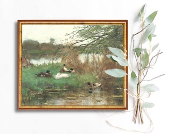 Enten am Wasser Landschaft Öl druckbare Malerei Wandkunst Digital Download Frühling Ententeich Antique Print Ostern Französische Kunst Wanddekor