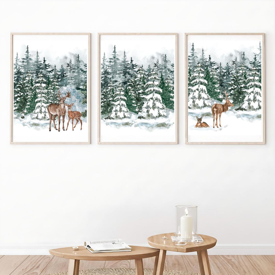 Set of 3 Forest Deer Winter Wonderland Wall Art Printable, Reindeer ...