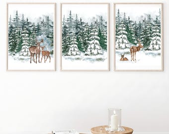Set of 3 Forest Deer Winter Wonderland Wall Art Printable, Reindeer  Woodland Nature Art, Christmas Gallery Wall Decor, Nordic Winter Prints
