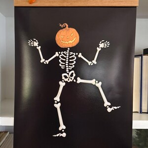 Skeleton Pumpkin Spooky Halloween Printable Wall Art Digital Download Funny Dancing Pumpkin Head Skeleton Cute Home Decor for Trick or Treat