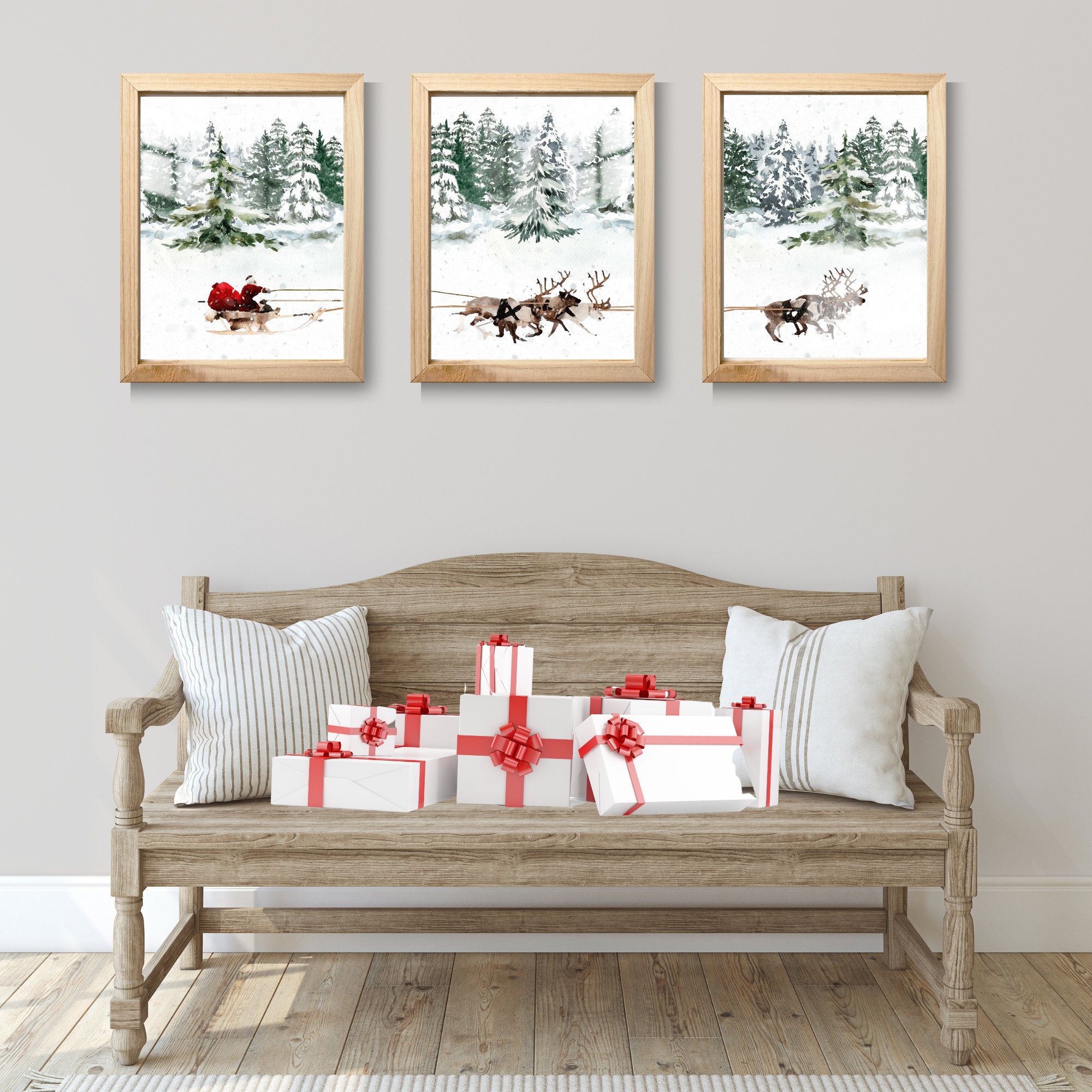 Santa Claus Reindeer Sleigh Set of 3 Printable Wall Art Christmas ...