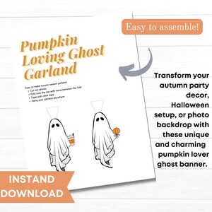 Cute pumpkin ghost garland printable, Halloween party banner, spooky fall bunting, trick or treat home decor, festive ghost decoration, printable Halloween fireplace banner, fall pumpkin decor, Halloween ghost printable design, autumn bunting printable, fun Halloween party decor