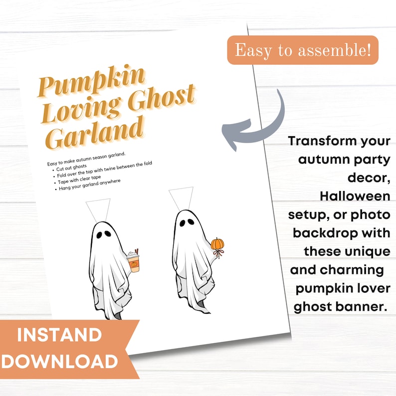 Cute pumpkin ghost garland printable, Halloween party banner, spooky fall bunting, trick or treat home decor, festive ghost decoration, printable Halloween fireplace banner, fall pumpkin decor, Halloween ghost printable design, autumn bunting printable, fun Halloween party decor