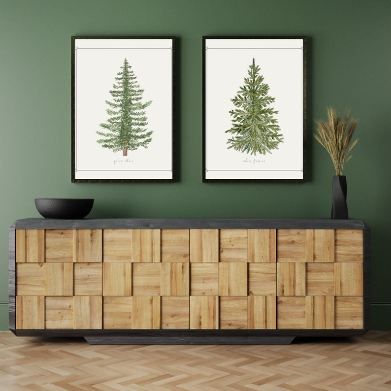May include: Two framed rectangular wall art prints featuring detailed watercolor illustrations of evergreen trees on a white background. Each print includes thin black borders and small text at the bottom. The left print shows a Picea abies, and the right print shows an Abies fraseri.