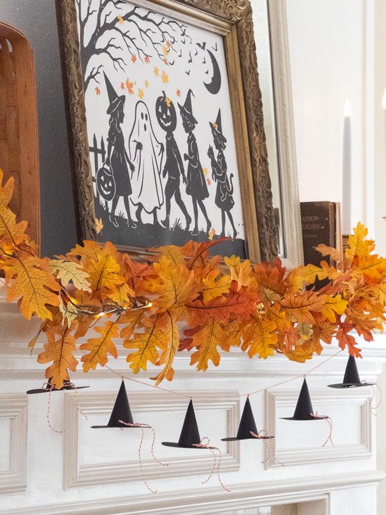 Witch hat Halloween printable decor, paper witch hat DIY craft, Halloween spooky hat garland, printable witch hat art, witchy Halloween home decor, Halloween witch banner, mini paper cone hat printable, witch hat pattern for crafts, Halloween witch decor printable, printable DIY Halloween
