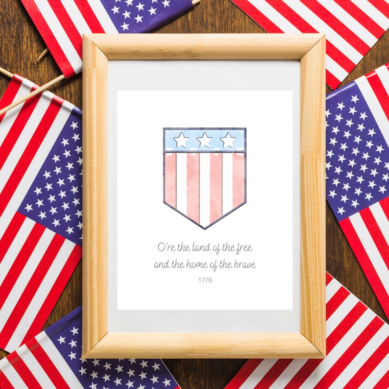 O're The Land of the Free and The Home of the Brave Watercolor Independence 1776 American Patriotic USA Wall Art Decor Digital Printable image 3