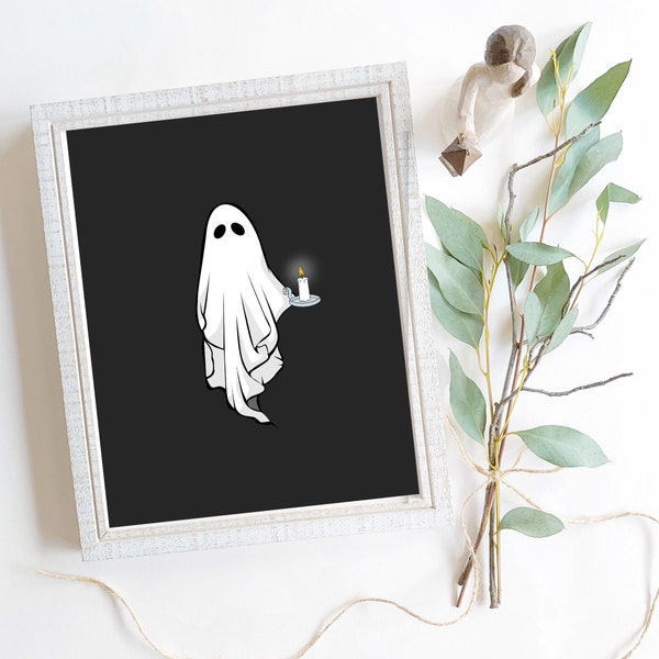 Ghost Candlelit Wall Art Printable | Spooky Ghost Holding Candle Vintage Home Decor | Farmhouse Halloween White Ghost Candlelight Print