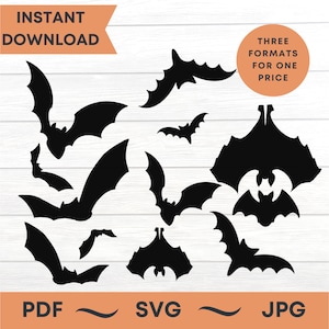 May include: A set of ten black bat silhouettes in various sizes and poses. The bats are arranged in a random pattern on a white woodgrain background. The text "INSTANT DOWNLOAD", "THREE FORMATS FOR ONE PRICE", "PDF", "SVG", and "JPG" are also visible in the image.