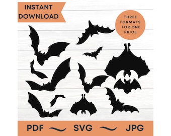 Uitsnijdingen silhouet vleermuizen | Zwarte papieren vleermuis wandkleden | Eenvoudig afdrukbaar Halloween-huisdecoratie | Trick or Treat-feestdecoratie | PDF JPG SVG