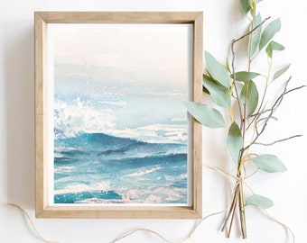 Ocean wave watercolor digital download printable wall art calm tranquil nautical blue sea print decor