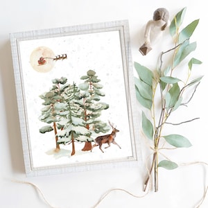 Winter Forest Christmas Wall Art Magical Decor Santa and Reindeer Printable Rustic Snowy Pine Trees 5x7, 8x10, 11x14, 16x20 and 20x24 sizes