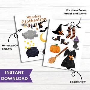 May include: Printable Halloween witch themed digital paper with a clothesline, cauldron, stars, moon, spider, broom, witch hat, boots, dress, and black cat. The paper is 8.5 inches by 11 inches.