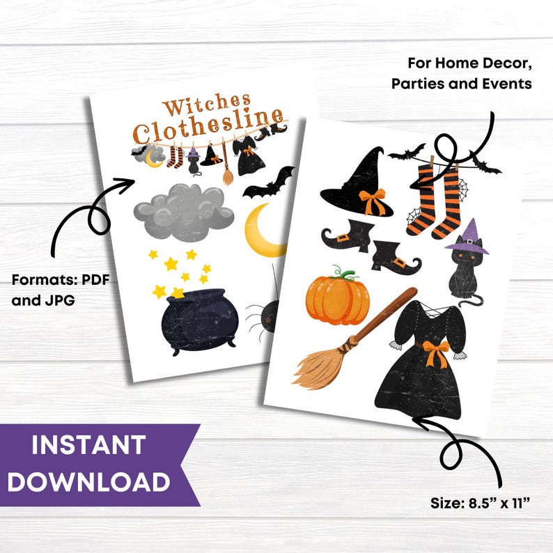 May include: Printable Halloween witch themed digital paper with a clothesline, cauldron, stars, moon, spider, broom, witch hat, boots, dress, and black cat. The paper is 8.5 inches by 11 inches.