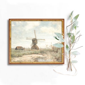 Wind Mill Vintage Landscape Oil Painting Country Digital Download Printable Wall Art Farm Nature Antique Print Decor