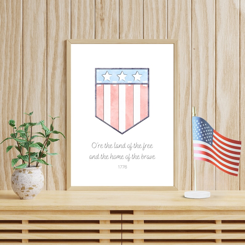 O're The Land of the Free and The Home of the Brave Watercolor Independence 1776 American Patriotic USA Wall Art Decor Digital Printable image 7