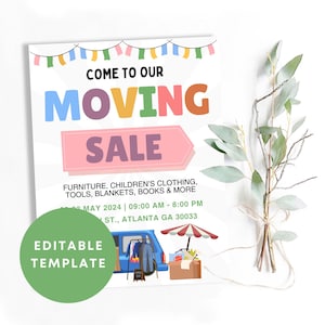 de Flyer de déménagement modifiable | Panneau de vente de garage de quartier à imprimer | Affiche de l'événement de la vente de garage communautaire | Annonce d'une vente de charité
