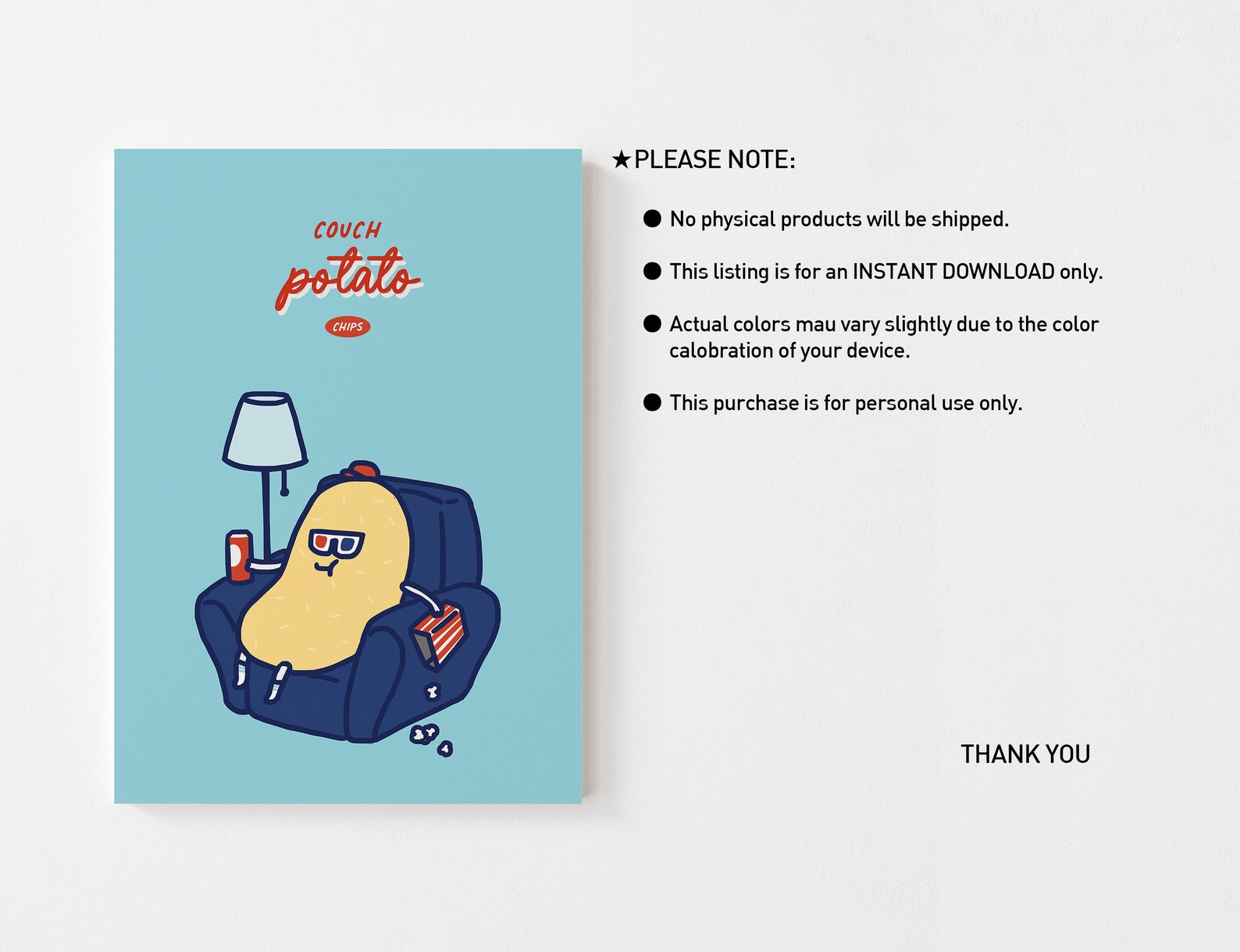 Couch Potato Chip Print TV Addicts Room Decor, Cool Poster, Video Game