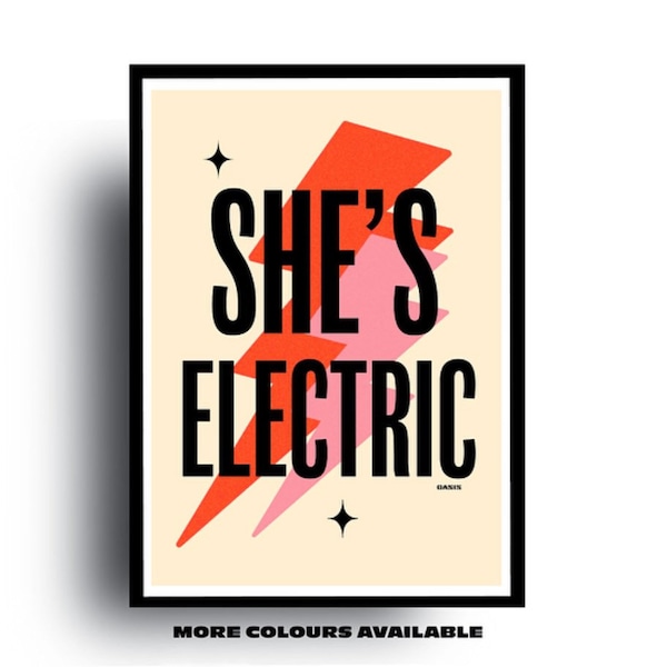 She’s Electric Print | Oasis Print | Music Print | Poster | Wall Art | Bold Prints | Lyric Print | Band Print | Retro Prints | Wall Art