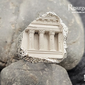 Ancient Greek Temple men's ring detailed designs of pillars and rustic outer walls