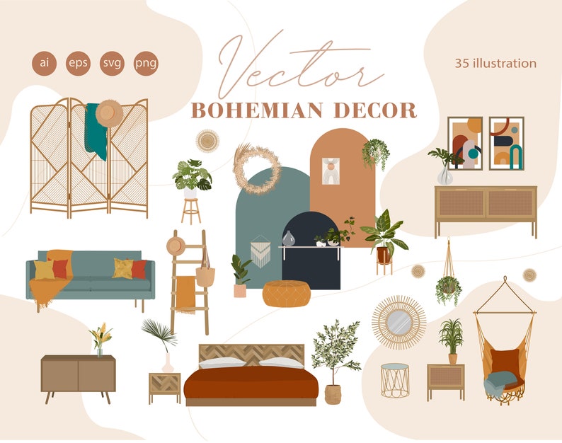 Boho Home Decor Clipart | 35+ Vector Interior Illustrations (digital ...