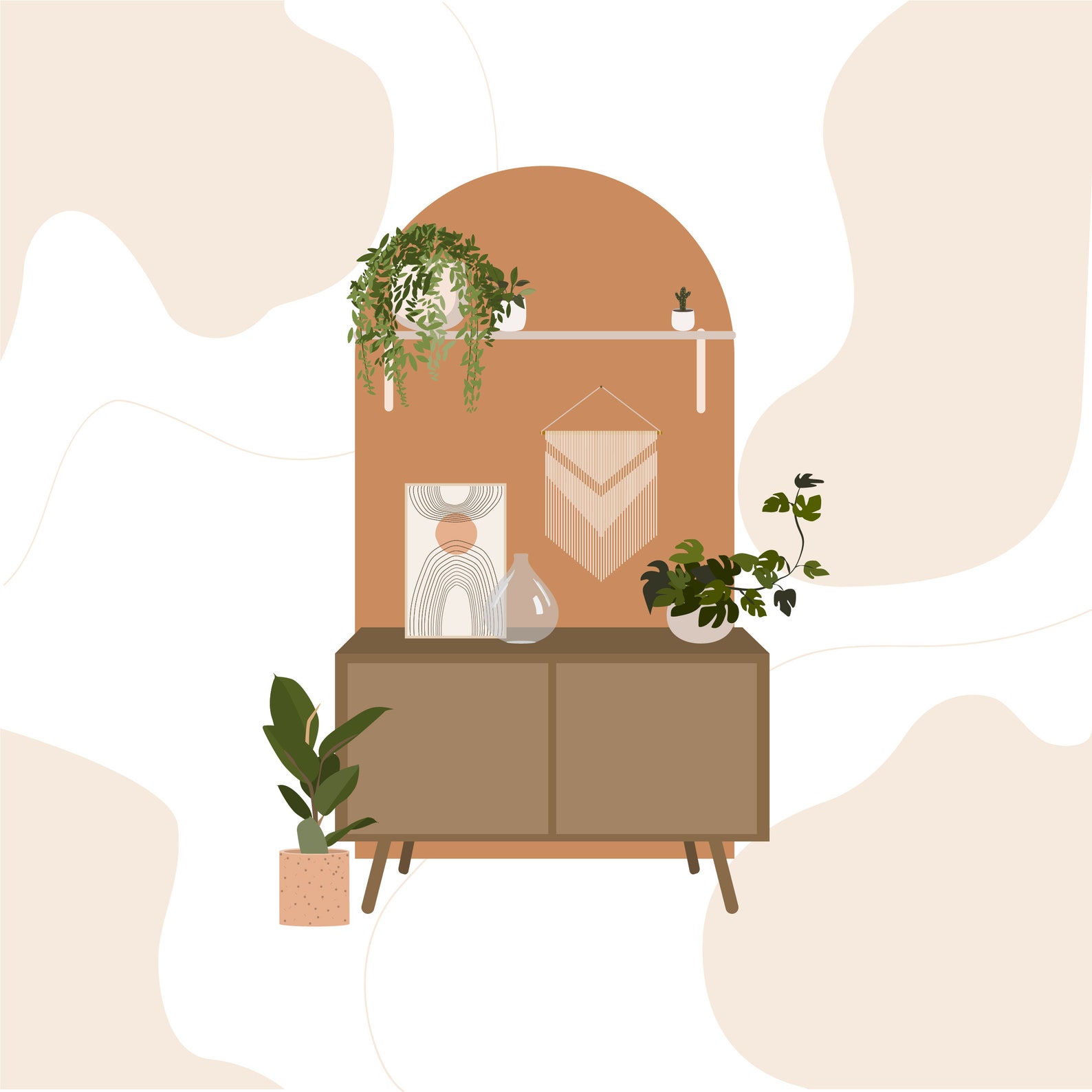 Flat Vector Boho Home Decor Clipart Bohemian Interior Clipart Furniture