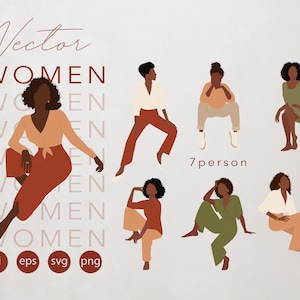 May include: Seven illustrations of women in various poses. The women are all wearing different outfits in shades of brown, green, and white. The illustrations are in a minimalist style with simple lines and shapes.