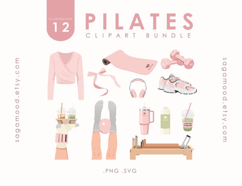 May include: A Pilates clipart bundle illustration featuring a pink wrap top, yoga mat, dumbbells, sneakers, headphones, drinks, water bottle, and a Pilates reformer. The text reads "PILATES CLIPART BUNDLE".