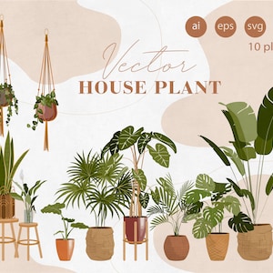 Puede incluir: Un conjunto de 10 ilustraciones vectoriales de plantas de interior en macetas. Las plantas son de varios estilos, incluyendo una planta serpiente, una palmera, una monstera y una higuera de hoja de violín. Las plantas están en macetas marrones, verdes y beige. Las ilustraciones son de estilo minimalista y son perfectas para usar en decoración del hogar, diseño de sitios web o redes sociales.