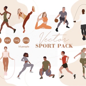 Puede incluir: Un conjunto de 10 ilustraciones vectoriales de personas que participan en diversas actividades deportivas, incluyendo correr, saltar la cuerda, levantar pesas, yoga y baloncesto. Las ilustraciones están en un estilo minimalista con colores planos y líneas simples.