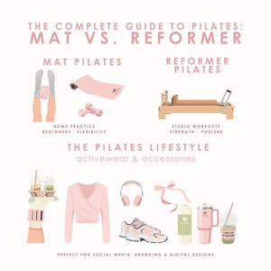May include: An illustration with the text "THE COMPLETE GUIDE TO PILATES: MAT VS. REFORMER." The image shows items related to Pilates, including a mat, reformer, activewear, and accessories in shades of pink and beige.