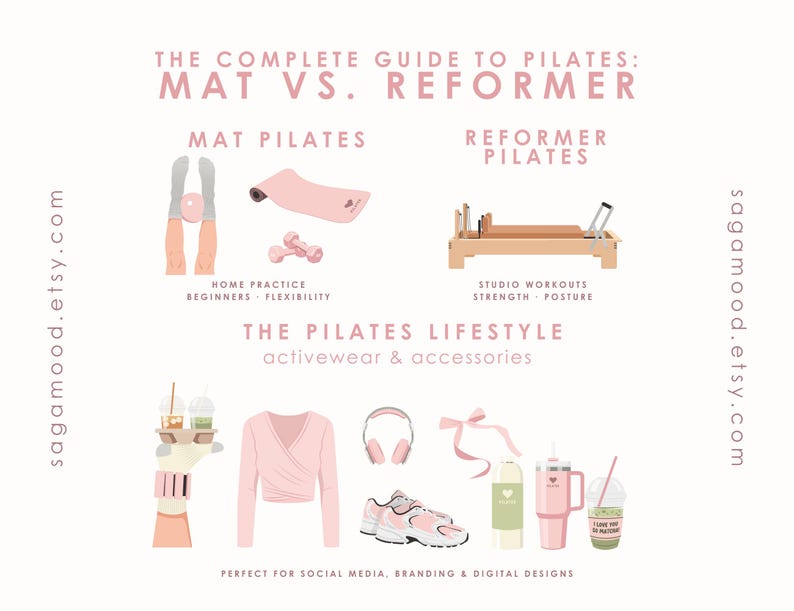 May include: An illustration with the text "THE COMPLETE GUIDE TO PILATES: MAT VS. REFORMER." The image shows items related to Pilates, including a mat, reformer, activewear, and accessories in shades of pink and beige.