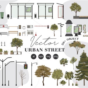 Flat vector illustration - URBAN STREET - Exterior elements Clip Art Set